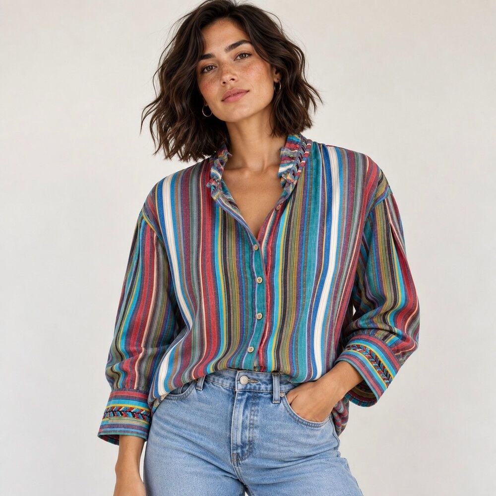 XIRENA Jensen Shirt Painted Multicolor Striped Ruffle Collar Button Up Sz M
